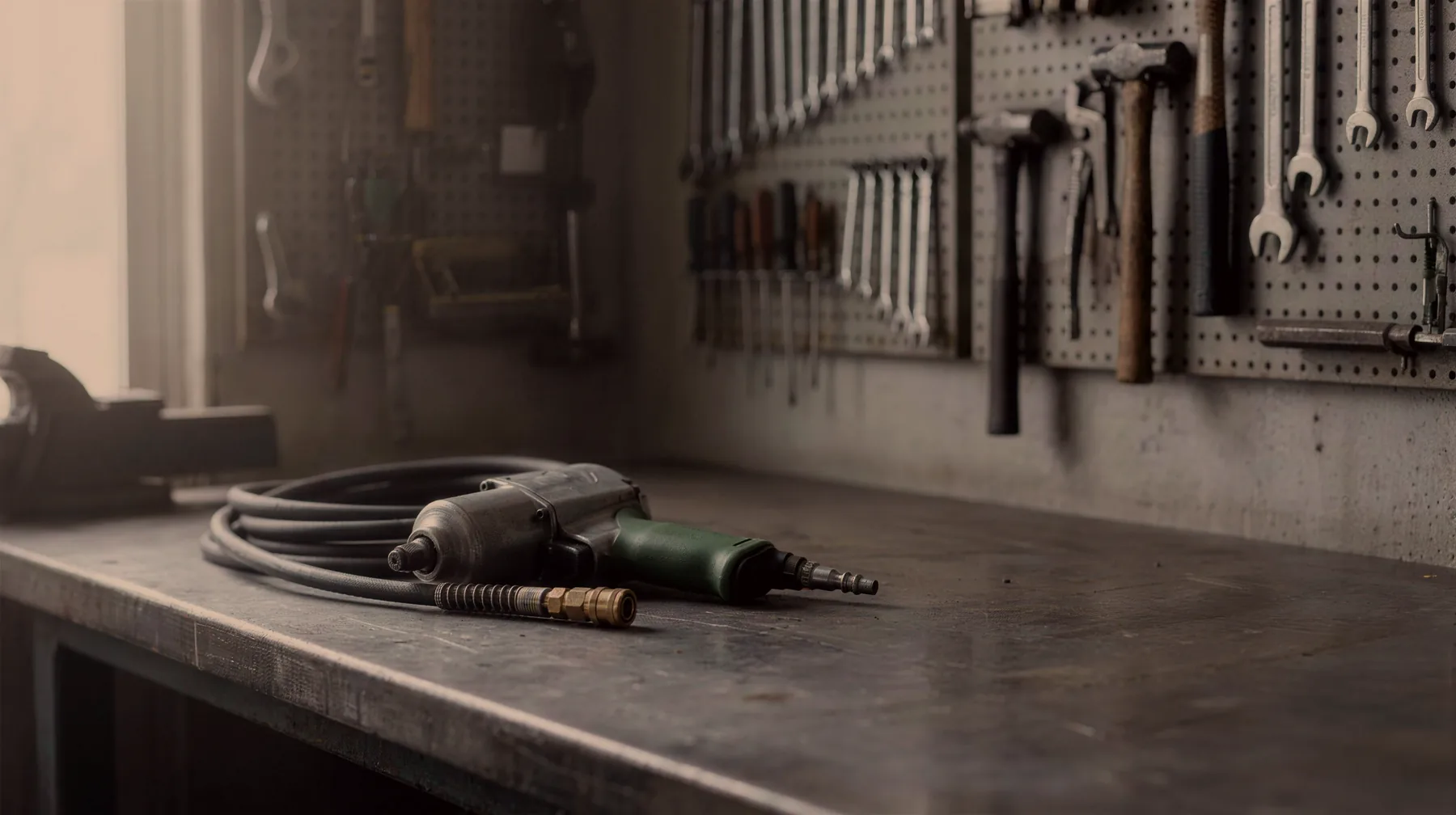 Druckluft-Schlagschrauber und Schlauch auf einer Stahlwerkbank am Abend, Symbolbild