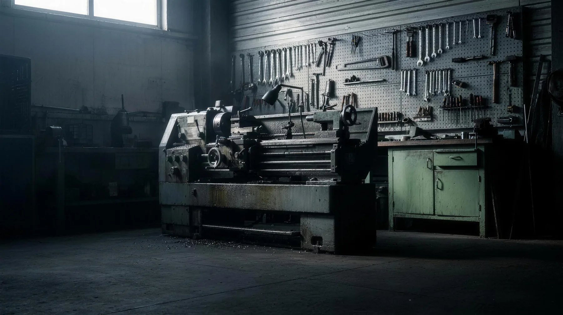 Metallwerkstatt mit Drehmaschine, Bohrmaschine und Werkzeugwand im Seitenlicht, Symbolbild